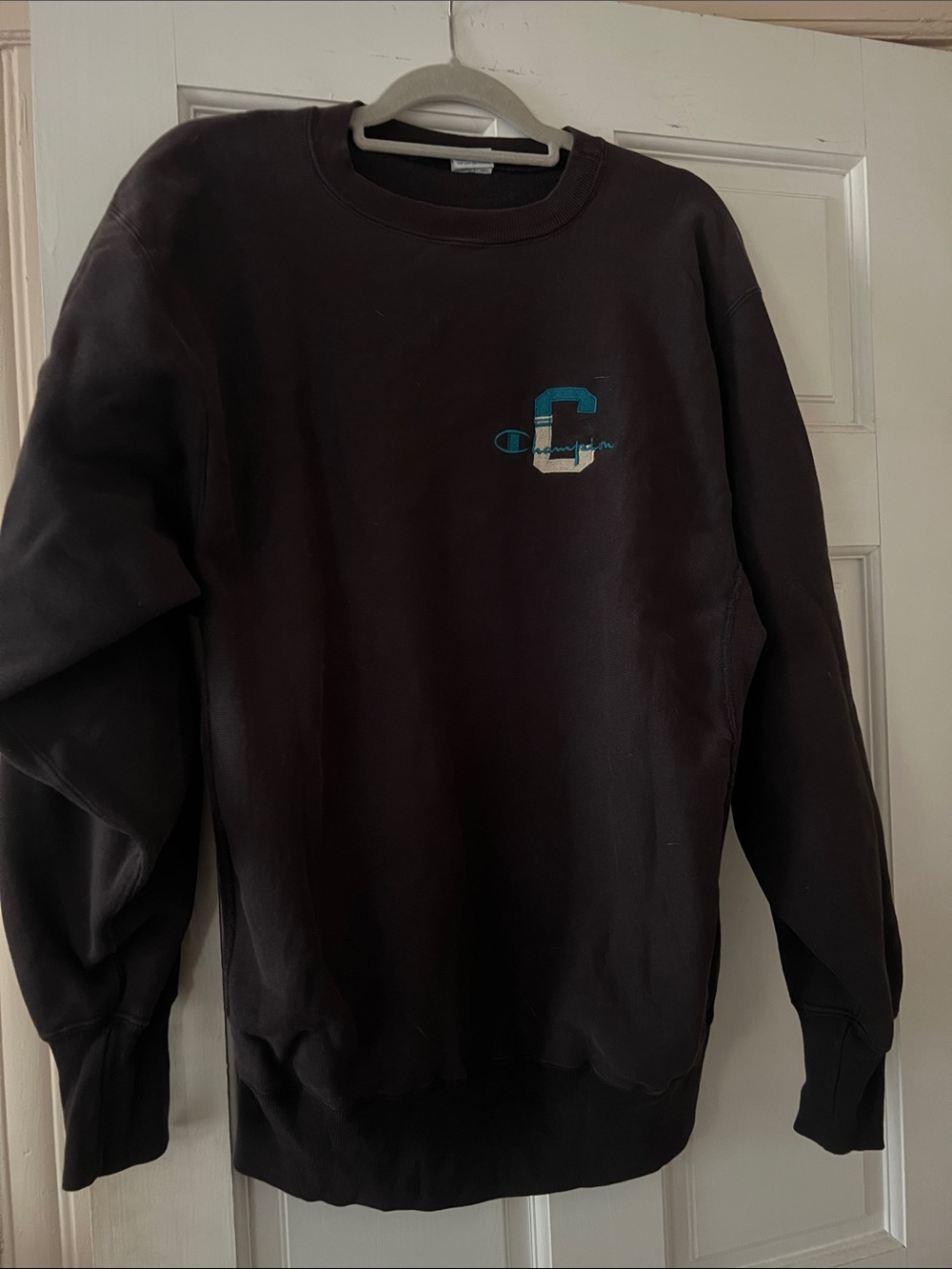 Vintage Champion Men’s Dark Brown Crewneck Sweatshirt with Teal/White Logo